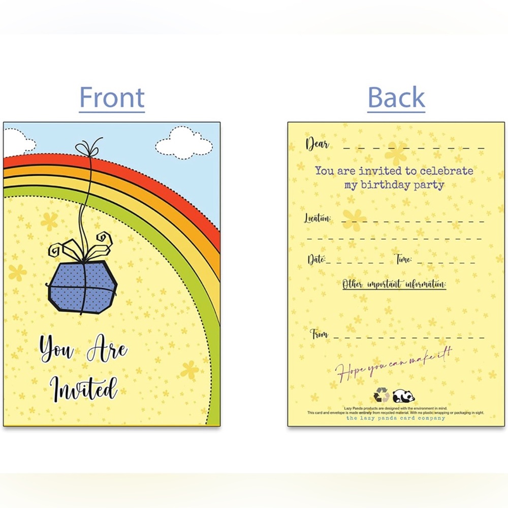 40 Eco Friendly Rainbow Birthday Invitations for Children (With White Envelopes)